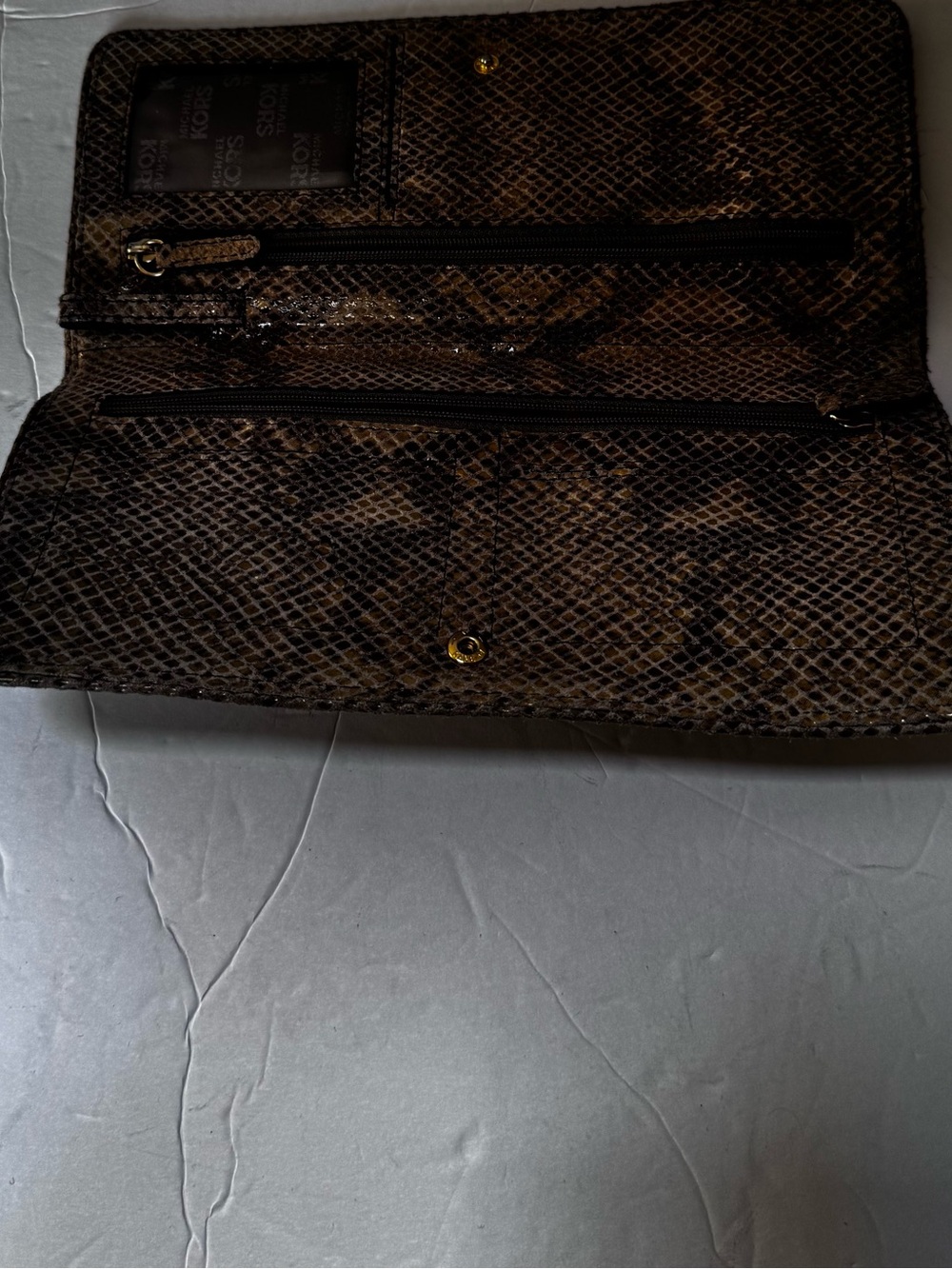 Michael Kors NEW Snakeskin Long Clutch Bag Wristlet Animal Wallet Brown Gold Tan - Picture 14 of 16